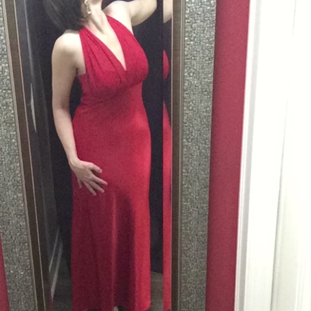 Red silky evening gown, sheer top, flare bottom